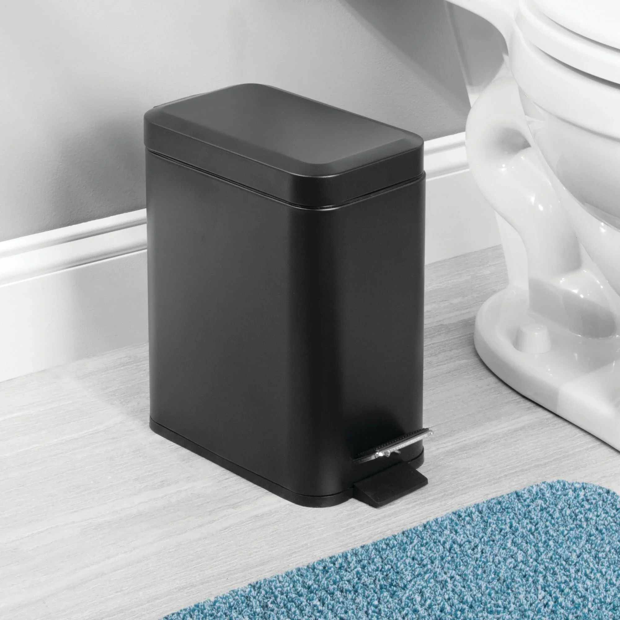 mDesign Small Modern 1.3 Gallon Rectangle Metal Lidded Step Trash Can – Matte Black - Image 5