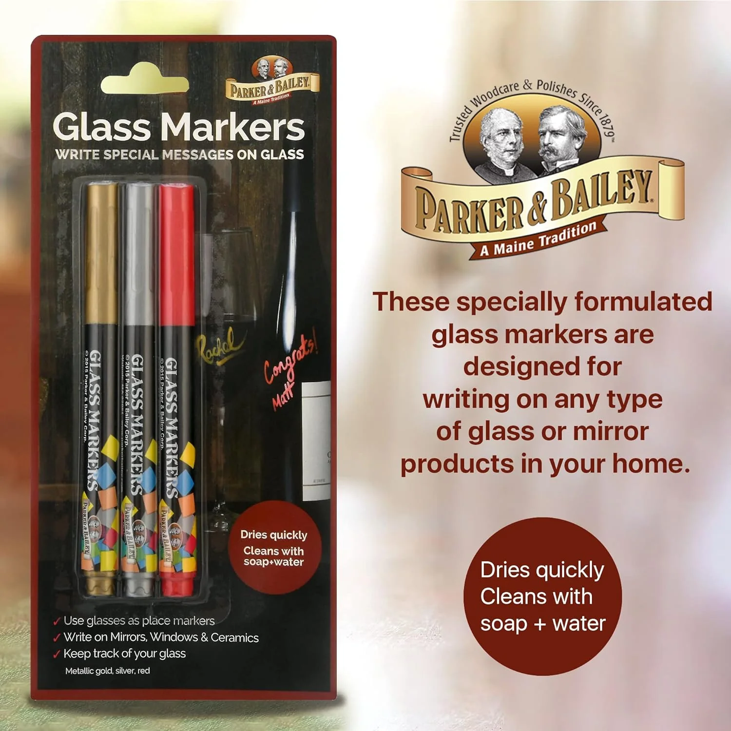 Parker & Bailey Washable Glass Markers - Metallic Washable Wine Markers for Window Mirror Ceramics Drink Glasses Bottles - Image 2