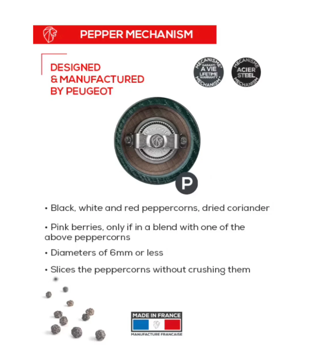 Peugeot Bistro Manual Gloss Painted Wood Pepper Mill – Forest Green – 4" - Image 3