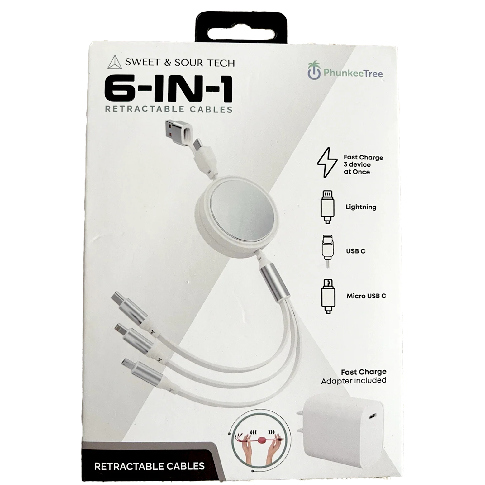 Phunkee Tree – 6 in 1 - Retractable Cables with Fast Charge Adapter – White