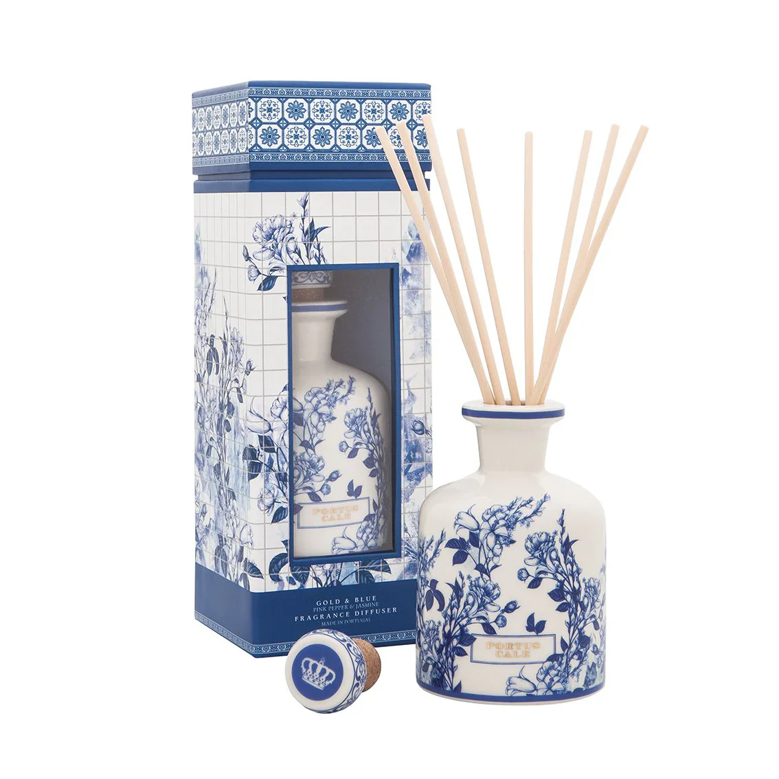 Portus Cale Gold & Blue Luxury Reed Diffuser โ 8.4oz โ Pink Pepper & Jasmine