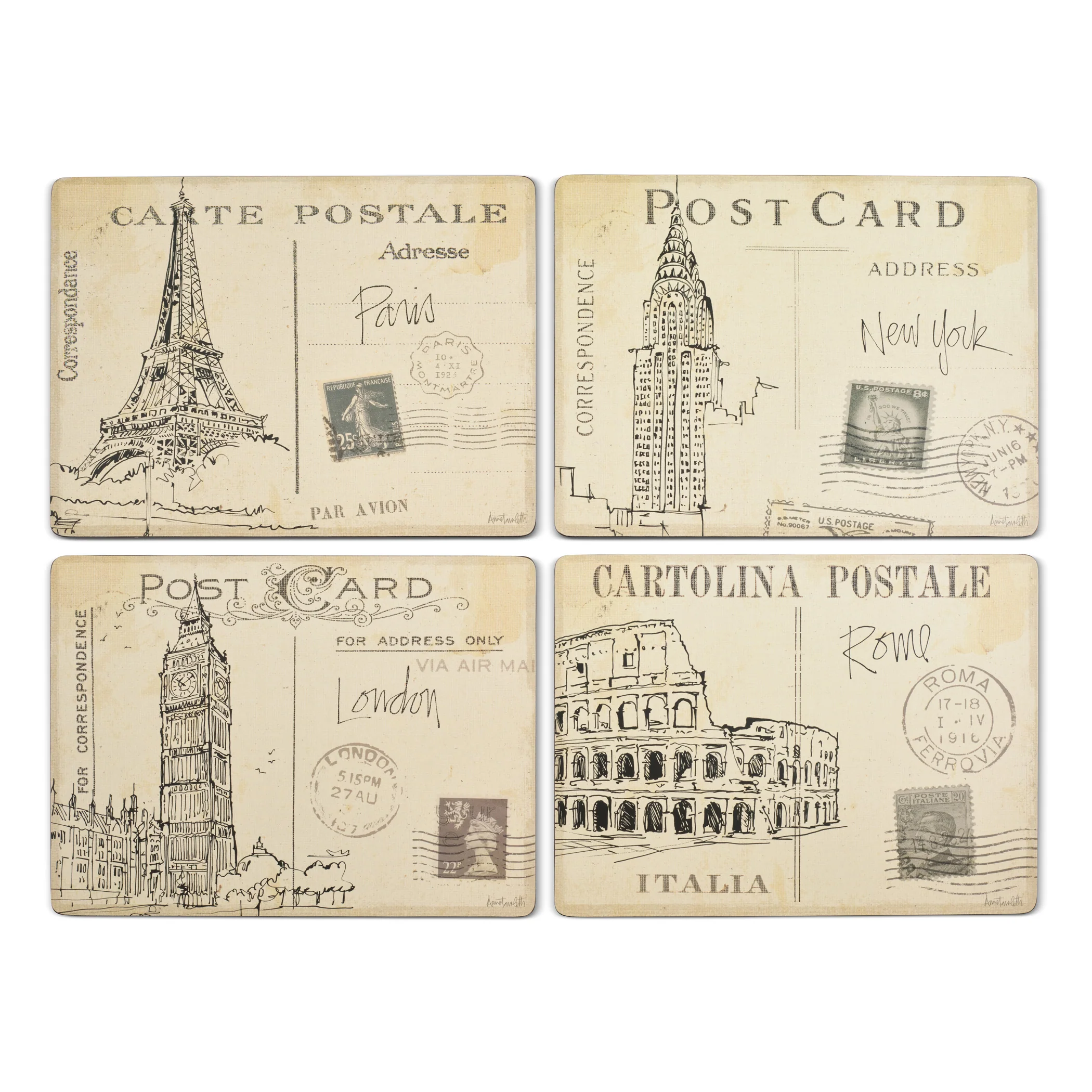 Postcard Sketches Cork Bottom Hard Placemats – Set of 4 - Image 2