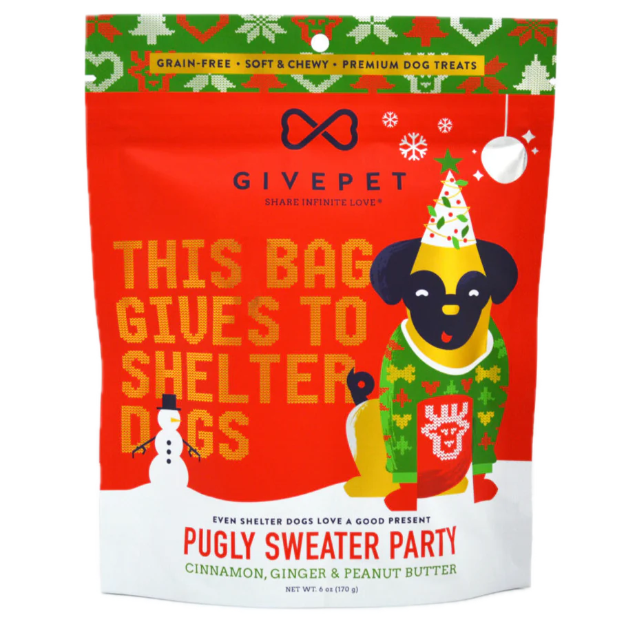 Premium Holiday Dog Treats –  Pugly Sweater Party – 6oz.
