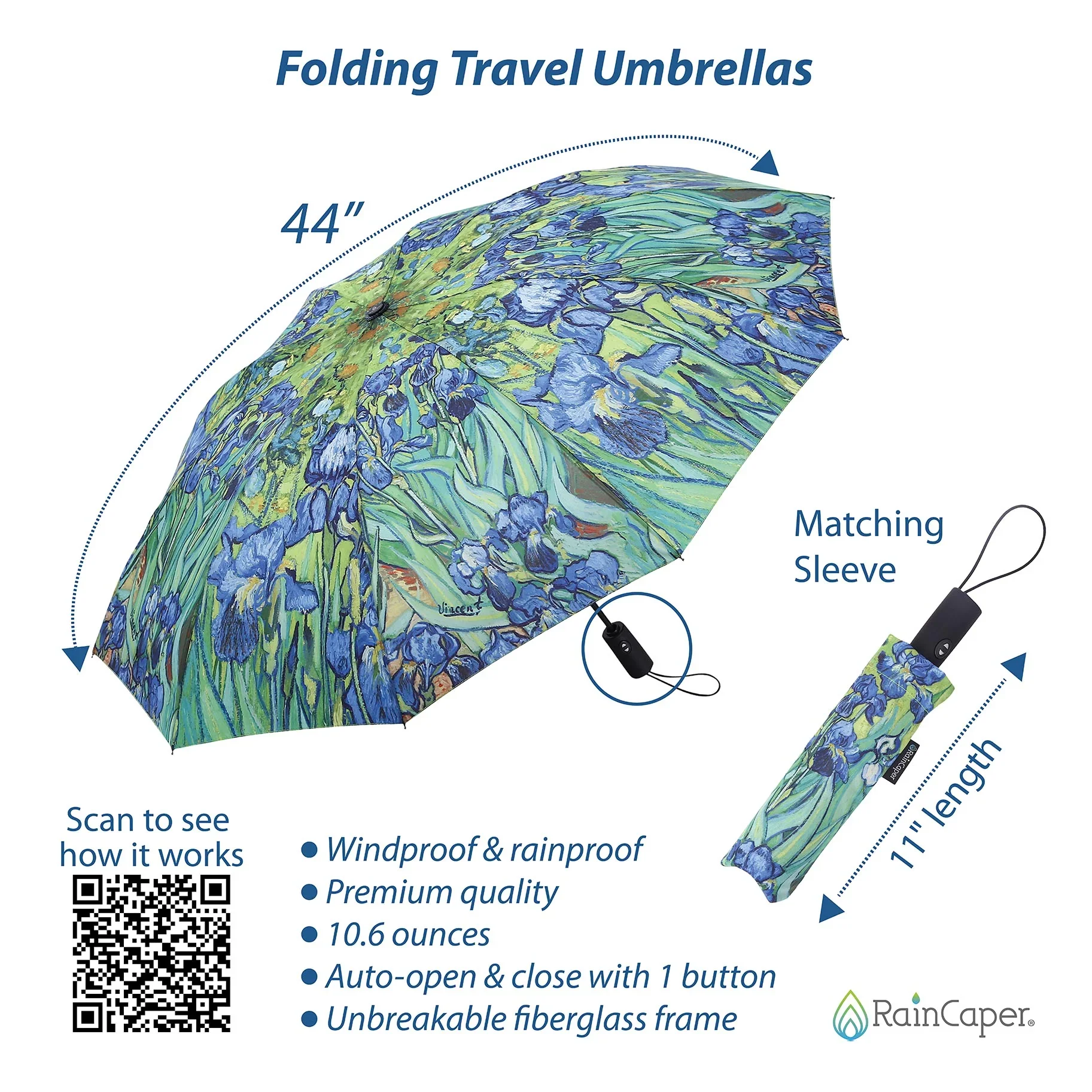 RainCaper Folding Travel Umbrella – Van Gogh – Irises - Image 3