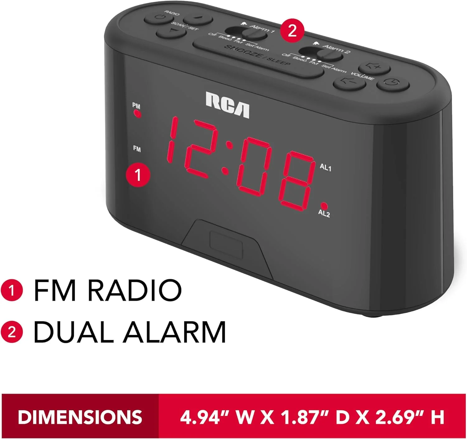 RCA AM/FM Alarm Clock Radio w/Red LED And Dual Wake - Black - Image 2