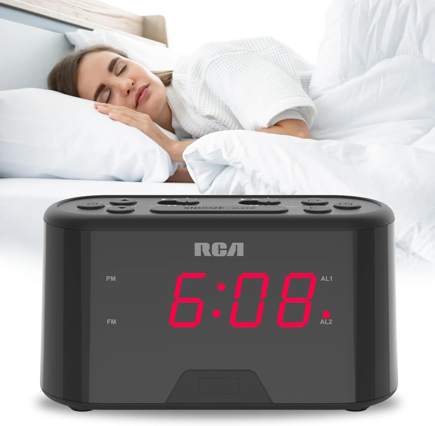RCA AM/FM Alarm Clock Radio w/Red LED And Dual Wake - Black - Image 4