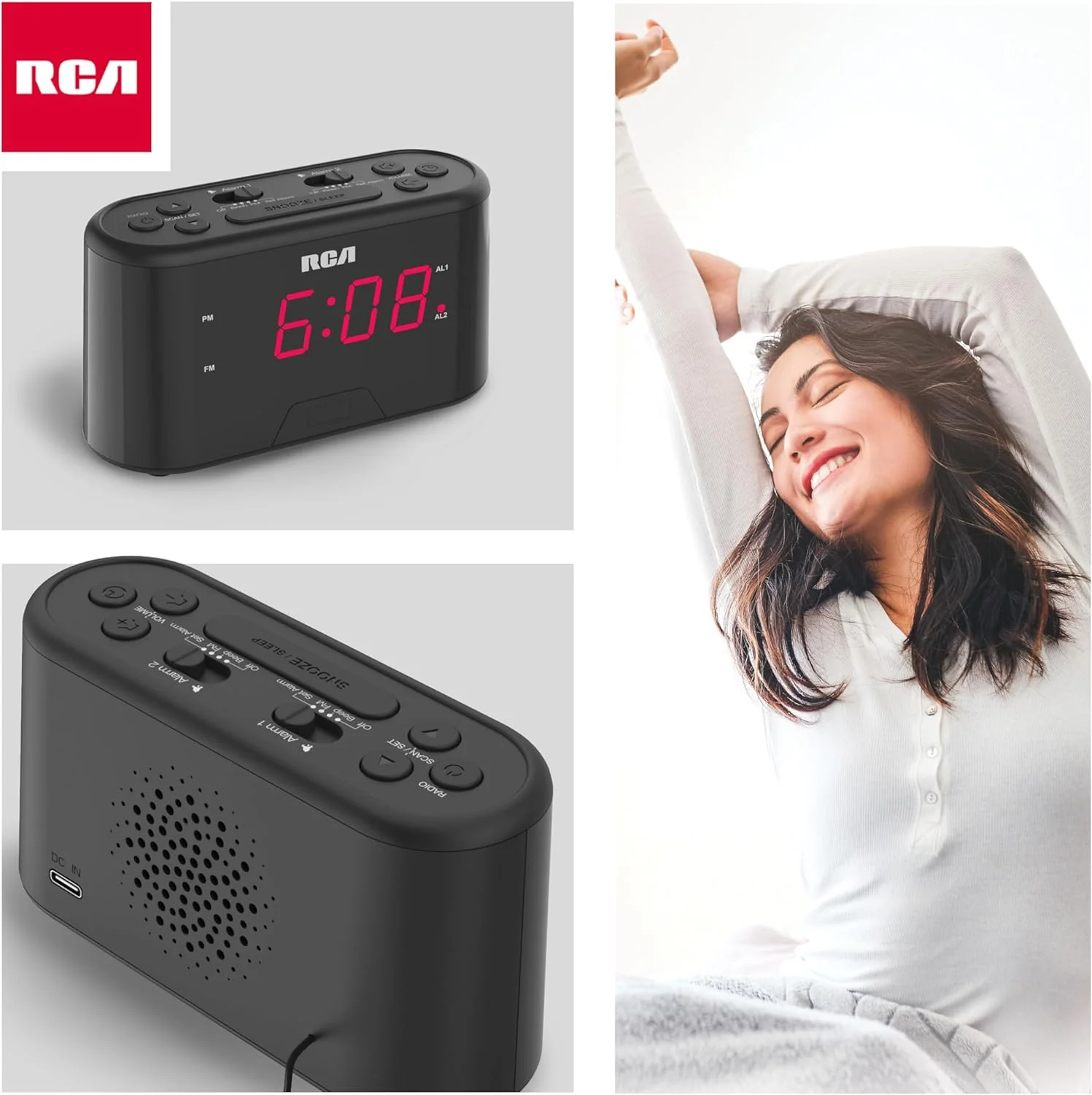 RCA AM/FM Alarm Clock Radio w/Red LED And Dual Wake - Black - Image 5