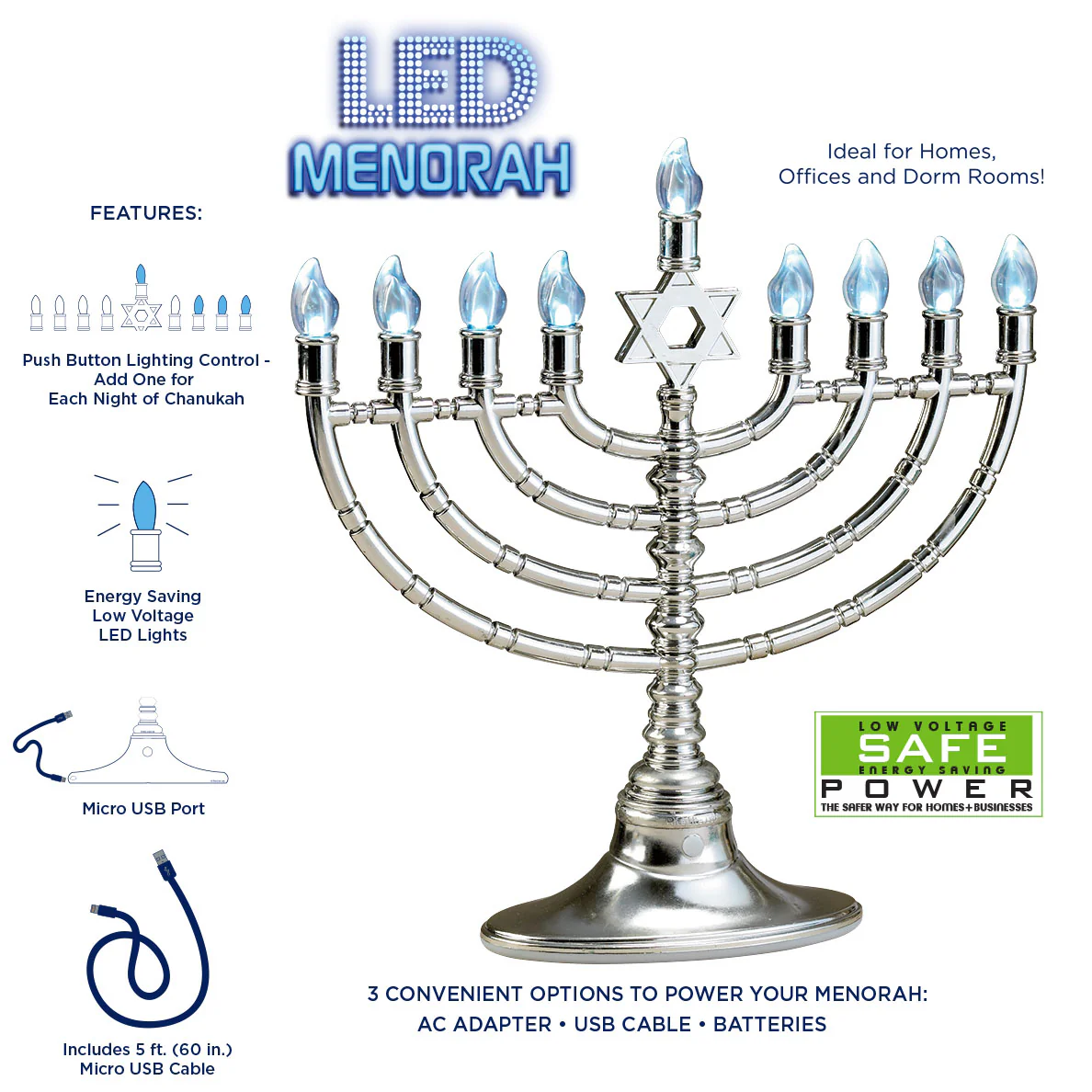 Rite Lite LED Menorah – Polished Silvertone - Image 2
