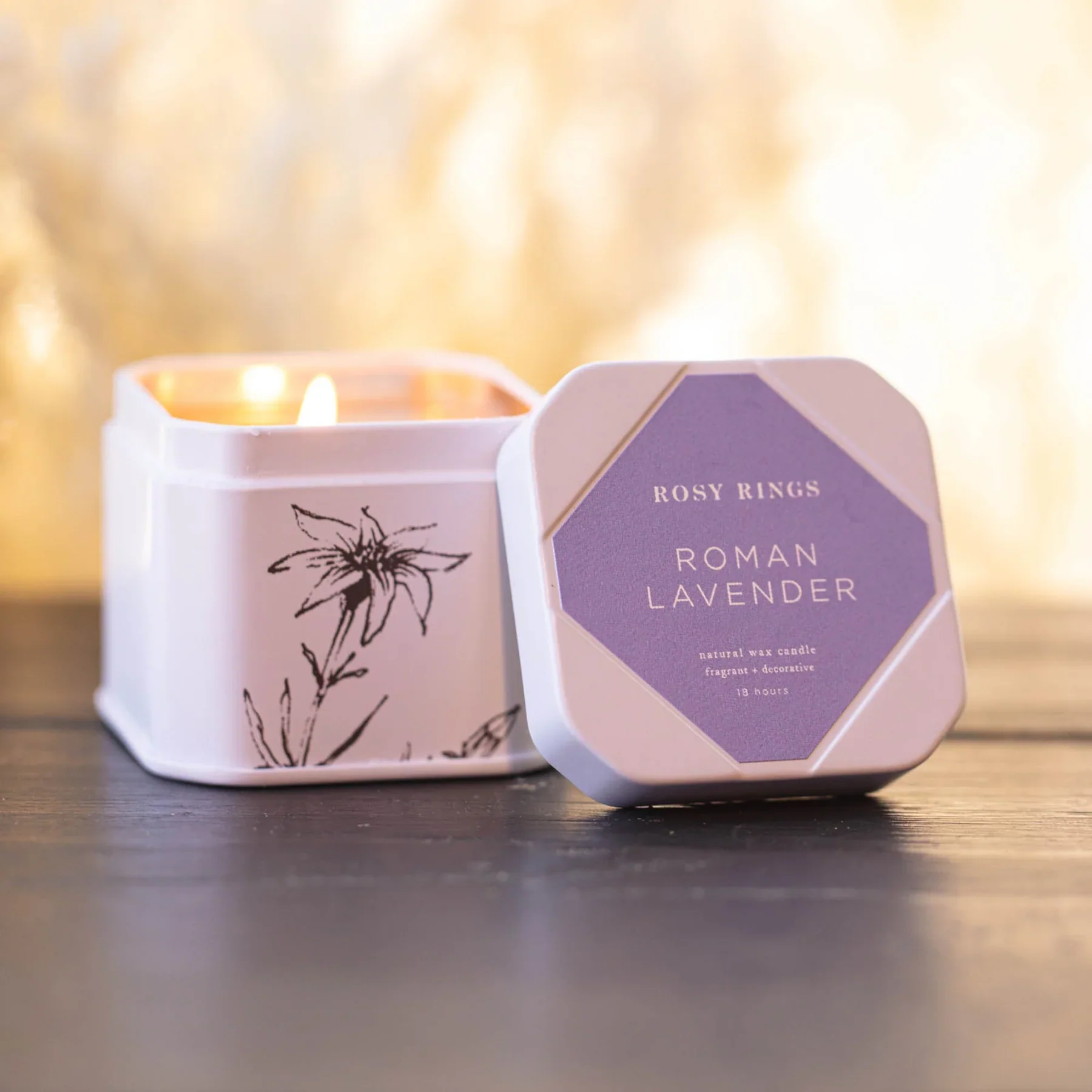Rosie Rings Petite Tin Candle With Matches – 3oz. – Roman Lavender - Image 2