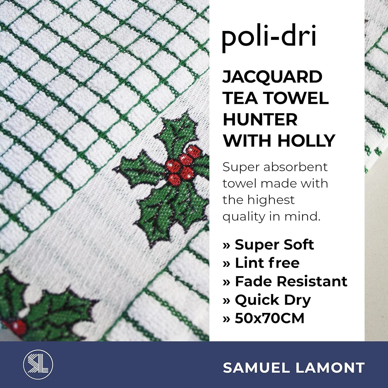 Samuel Lamont Poli Dri 100% Cotton Dish Towel – Holly Leaves – 2pk - Image 2