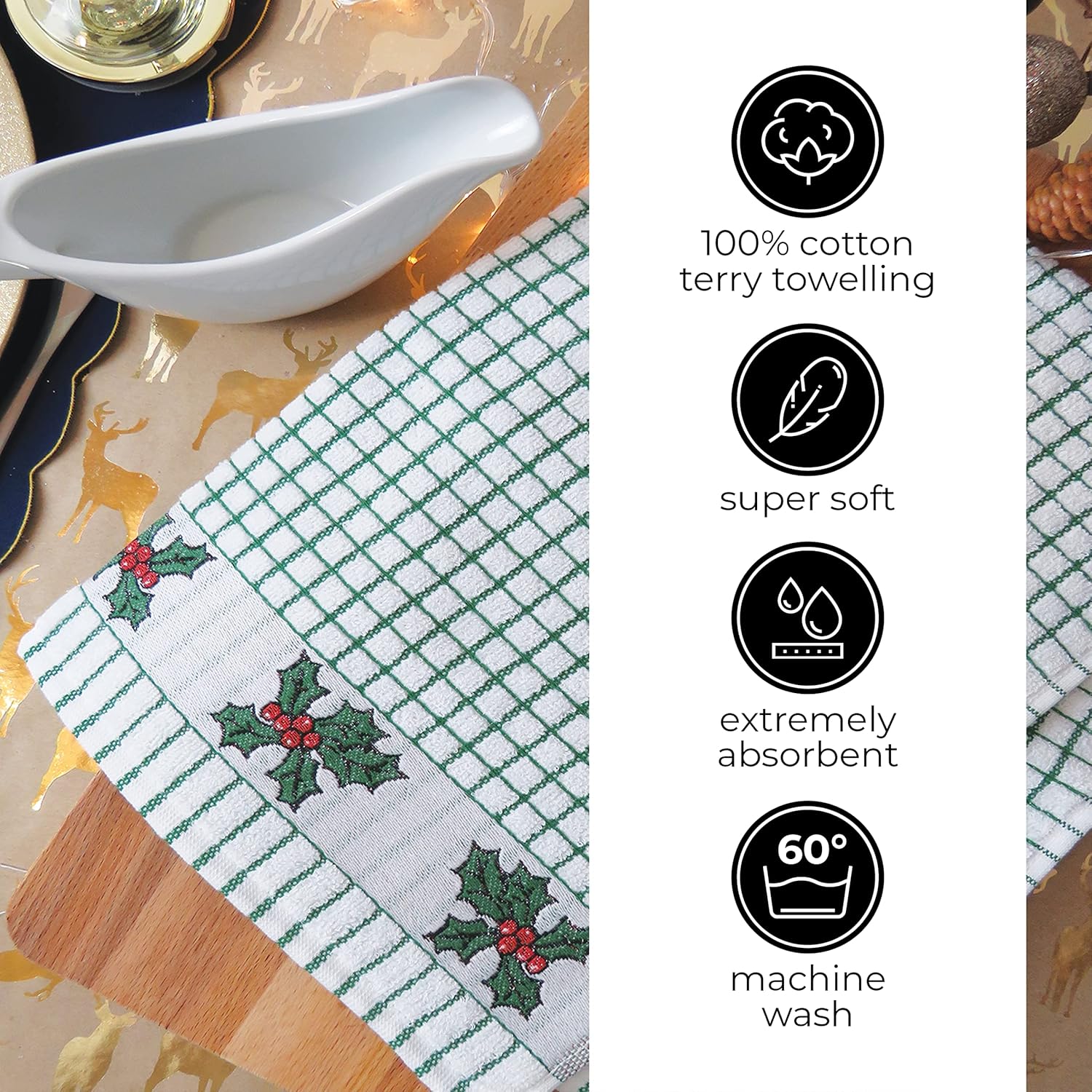 Samuel Lamont Poli Dri 100% Cotton Dish Towel – Holly Leaves – 2pk - Image 4