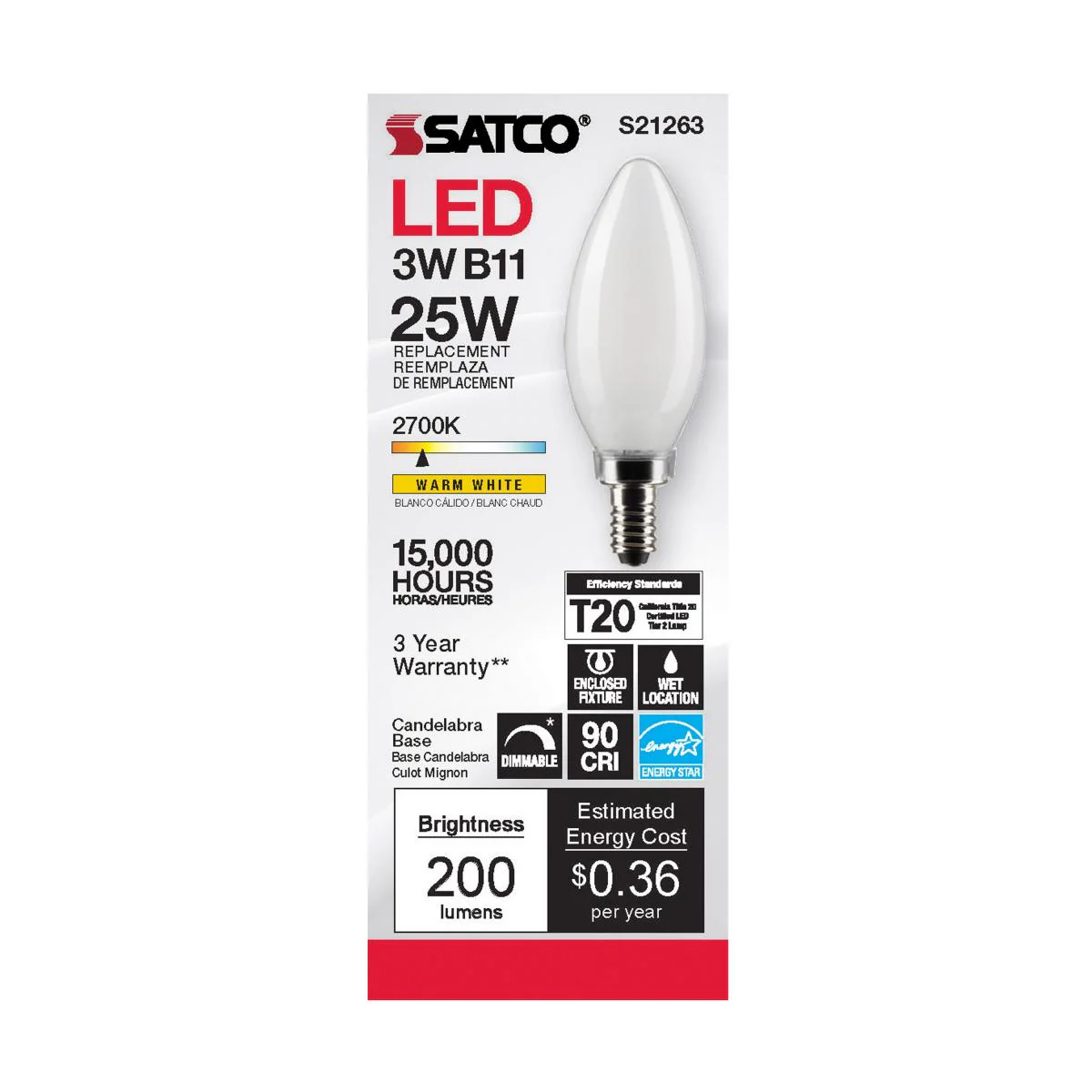 Satco LED 25W Equivalent Frosted Torpedo Bulb β 3W β E12 Candelabra Base β Warm White β 2700K - Image 4