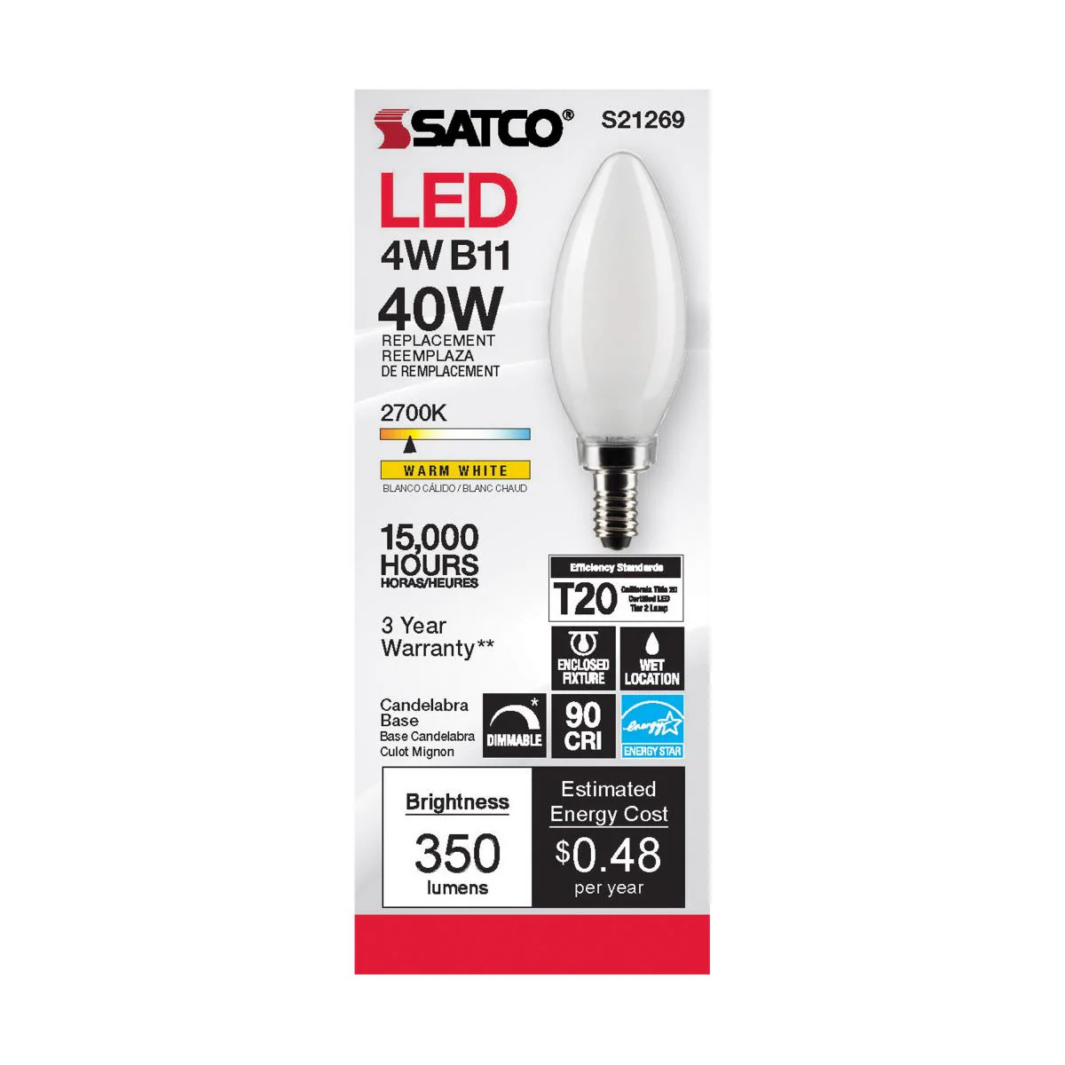Satco LED 40W Equivalent Frosted Torpedo Bulb β 4W β E12 Candelabra Base β Warm White β 2700K - Image 4