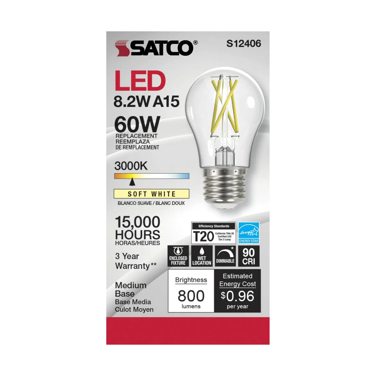 Satco LED A15 Classic Appliance Light Bulb β 8.2W β 60W Equivalent β E26 Base β Clear β 3000K - Image 2