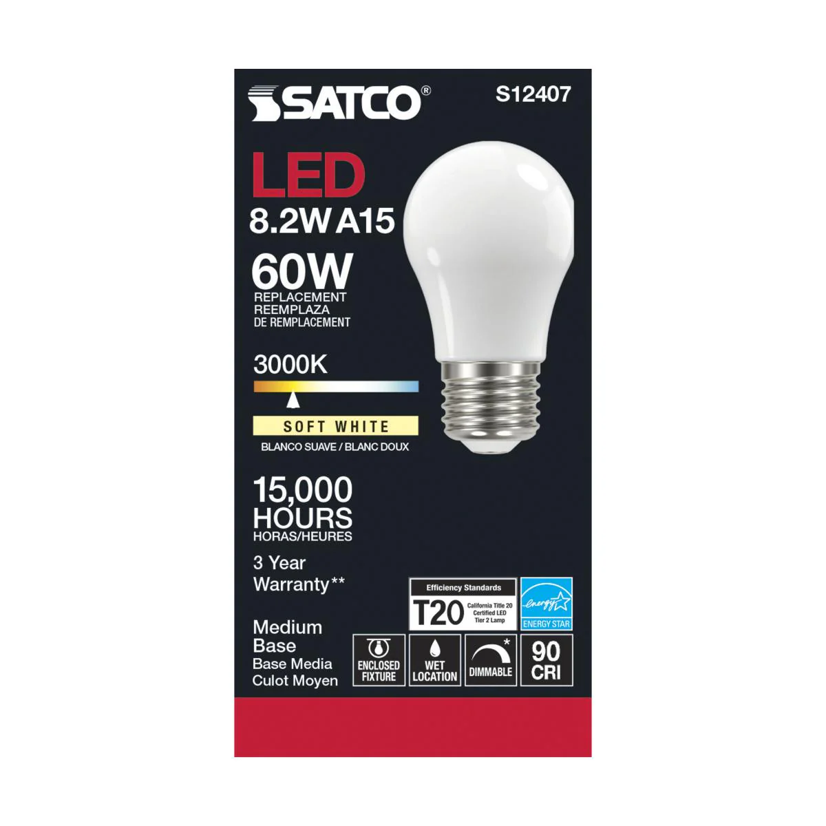 Satco LED A15 Classic Appliance Light Bulb - Frosted – 8.2W – 60W Equivalent – E26 Base – Warm White – 3000K - Image 3