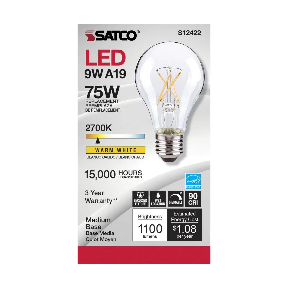 Satco LED A19 Classic Light Bulb Replacement – 10.5W – 75W Equivalent – E26 Base – Clear – 2700K - Image 2