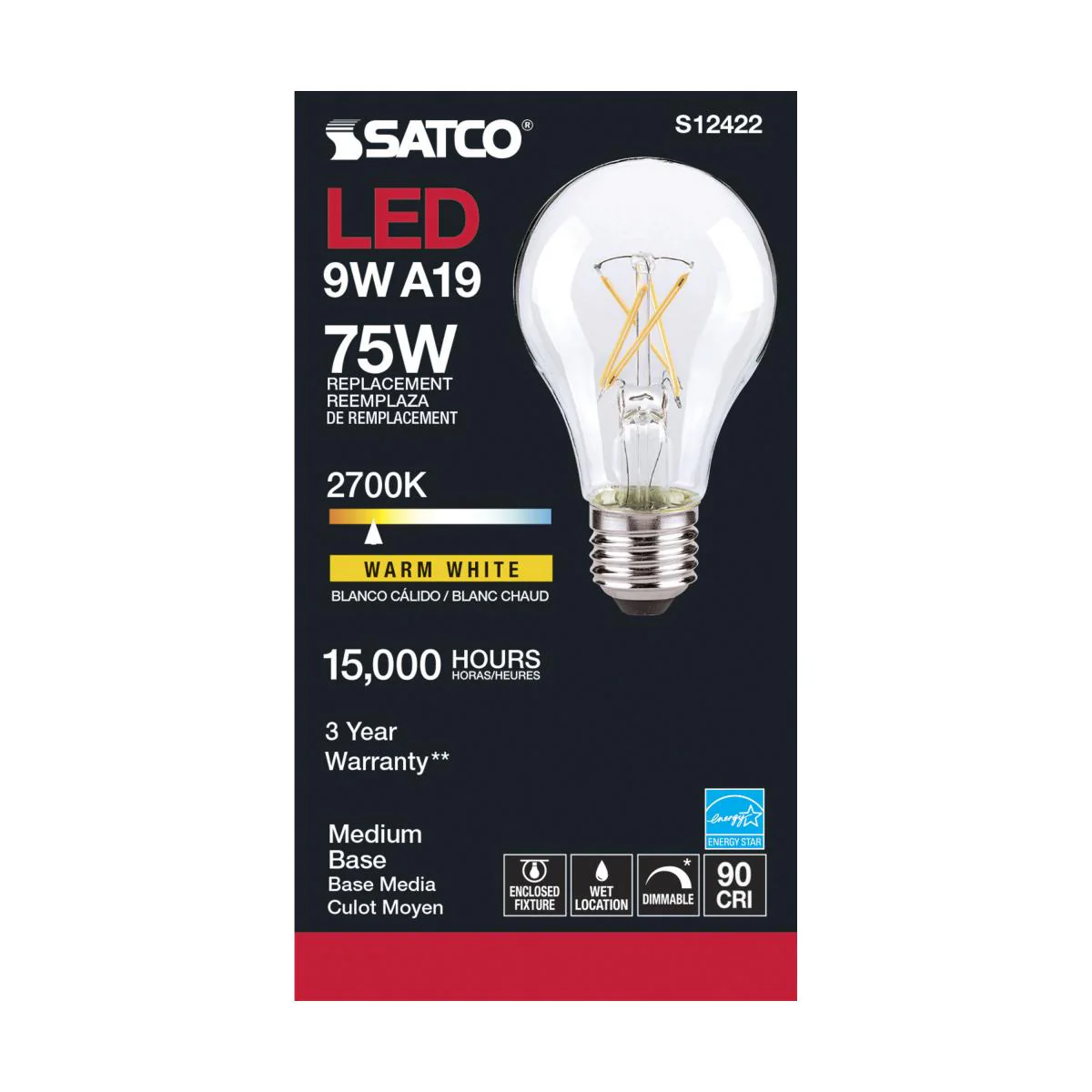Satco LED A19 Classic Light Bulb Replacement – 10.5W – 75W Equivalent – E26 Base – Clear – 2700K - Image 3