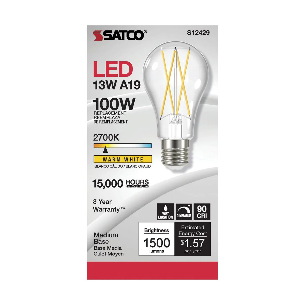 Satco LED A19 Classic Light Bulb Replacement β 12.5W β 100W Equivalent β E26 Base β Clear β 2700K - Image 2