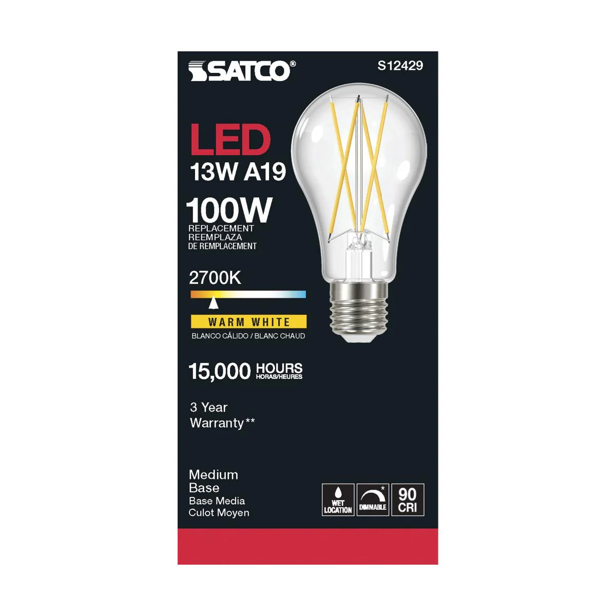 Satco LED A19 Classic Light Bulb Replacement β 12.5W β 100W Equivalent β E26 Base β Clear β 2700K - Image 3