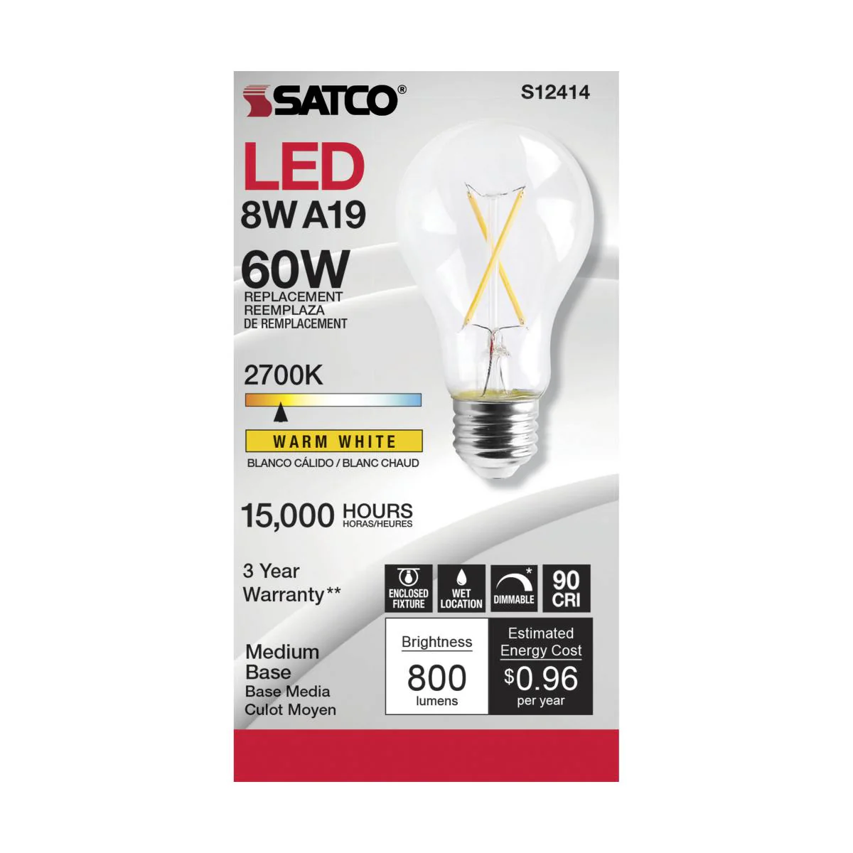 Satco LED A19 Classic Light Bulb Replacement – 8W – 60W Equivalent – E26 Base – Clear – 2700K - Image 2
