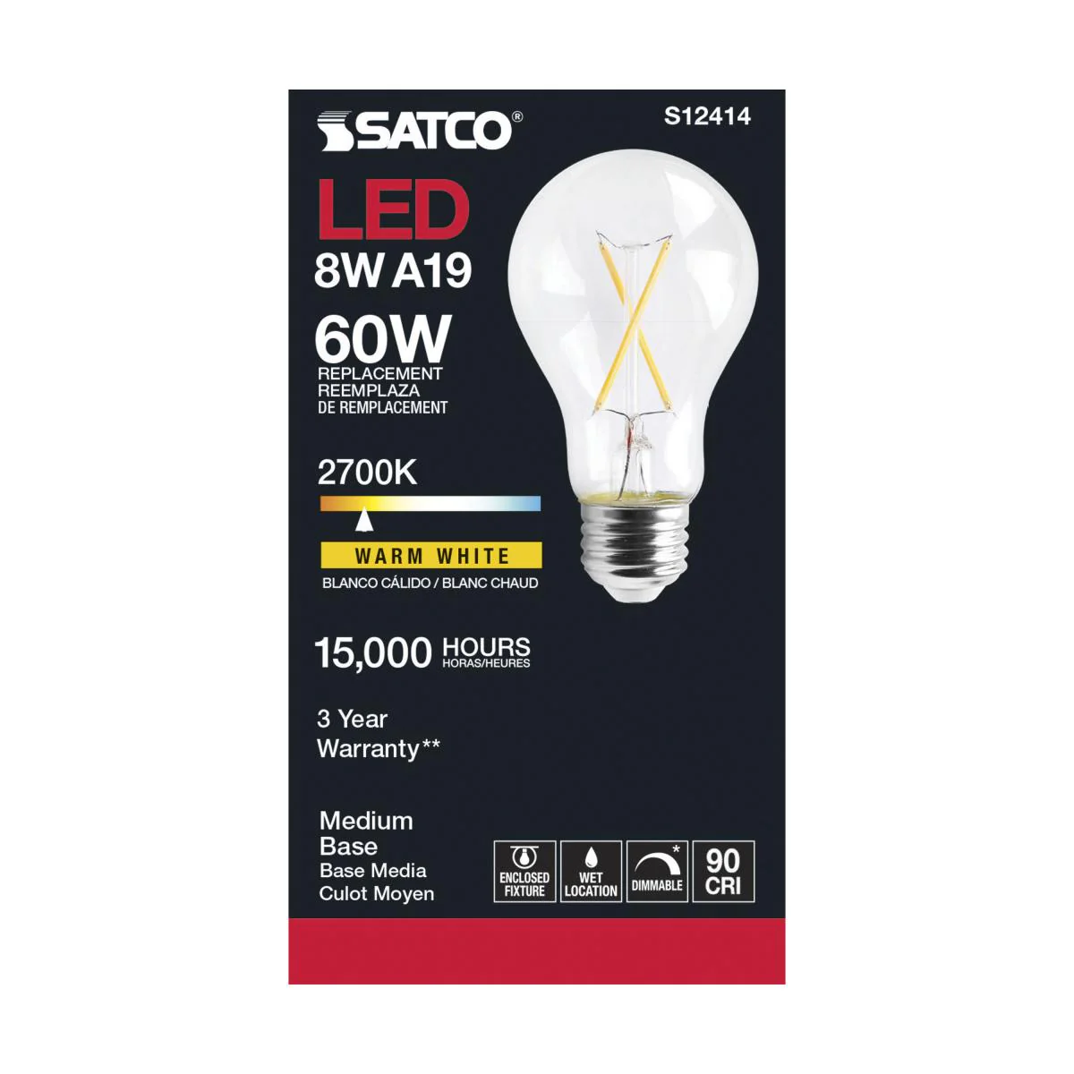 Satco LED A19 Classic Light Bulb Replacement – 8W – 60W Equivalent – E26 Base – Clear – 2700K - Image 3