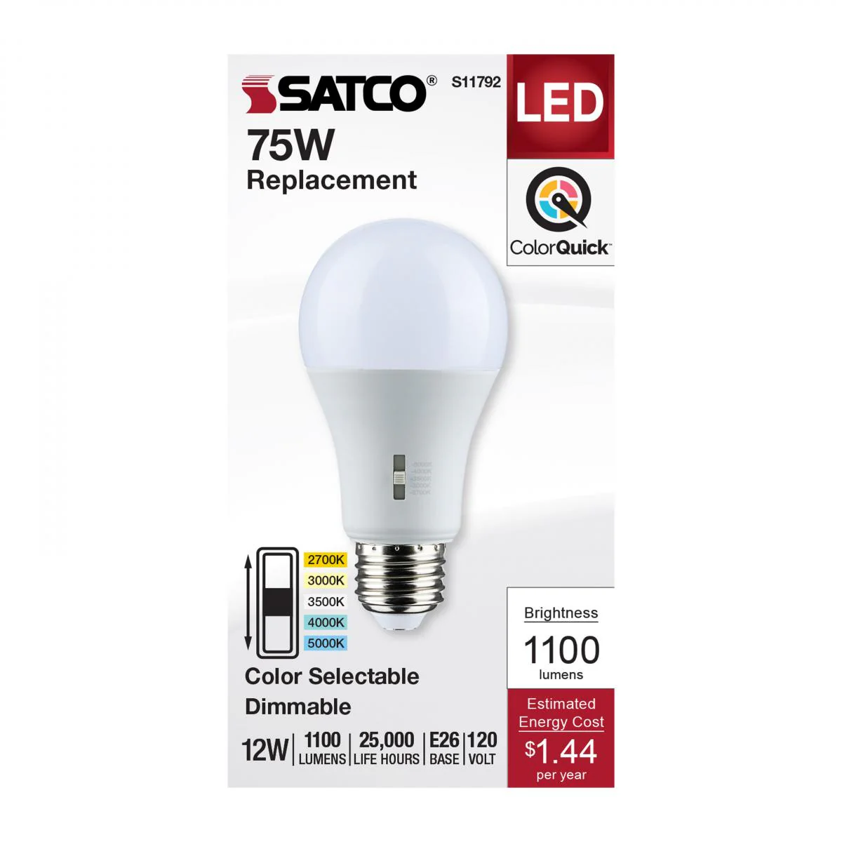 Satco LED A19 Color Selectable Light Bulb β 12W β 75W Equivalent β E26 Base β Dimmable