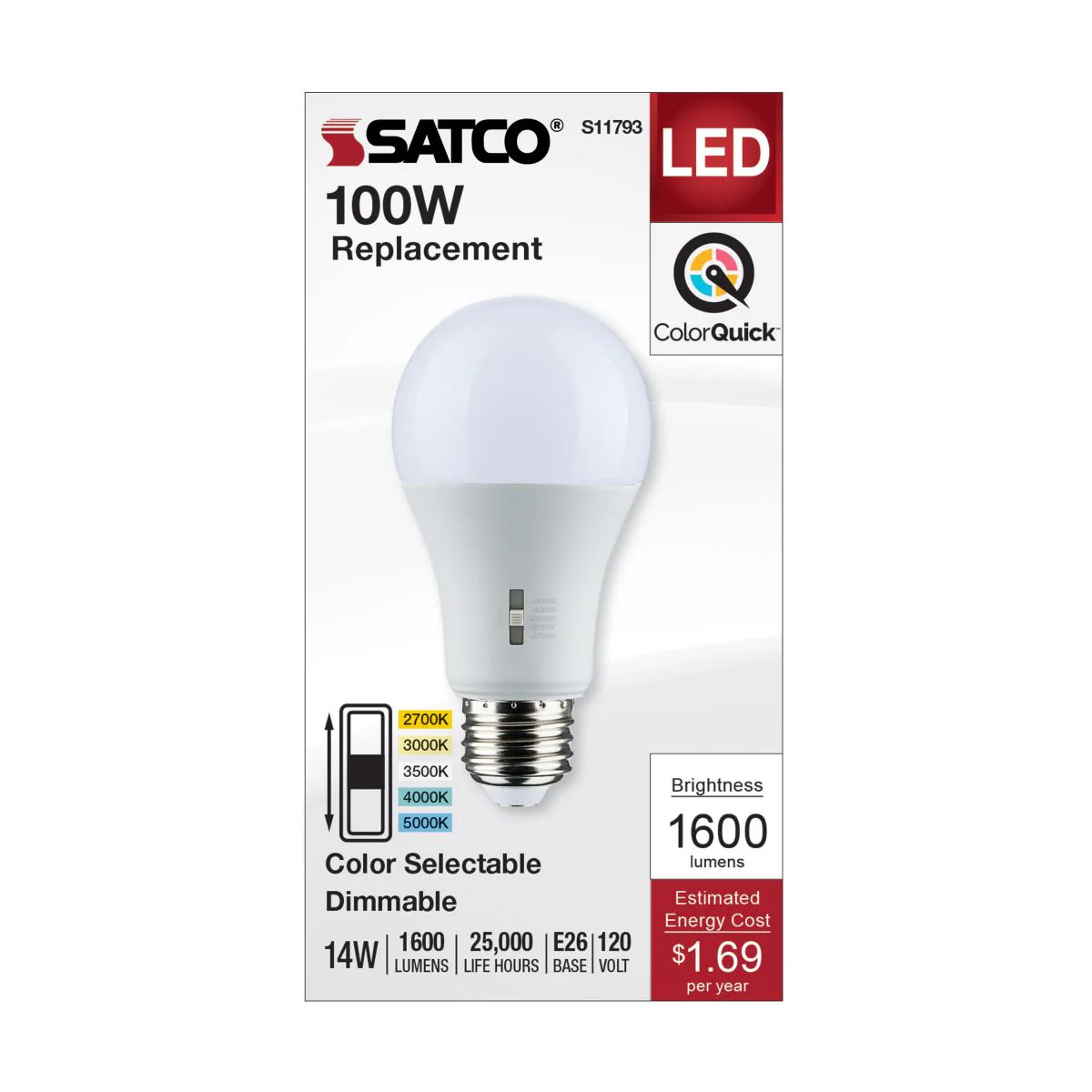 Satco LED A19 Color Selectable Light Bulb β 14W β 100W Equivalent β E26 Base β Dimmable