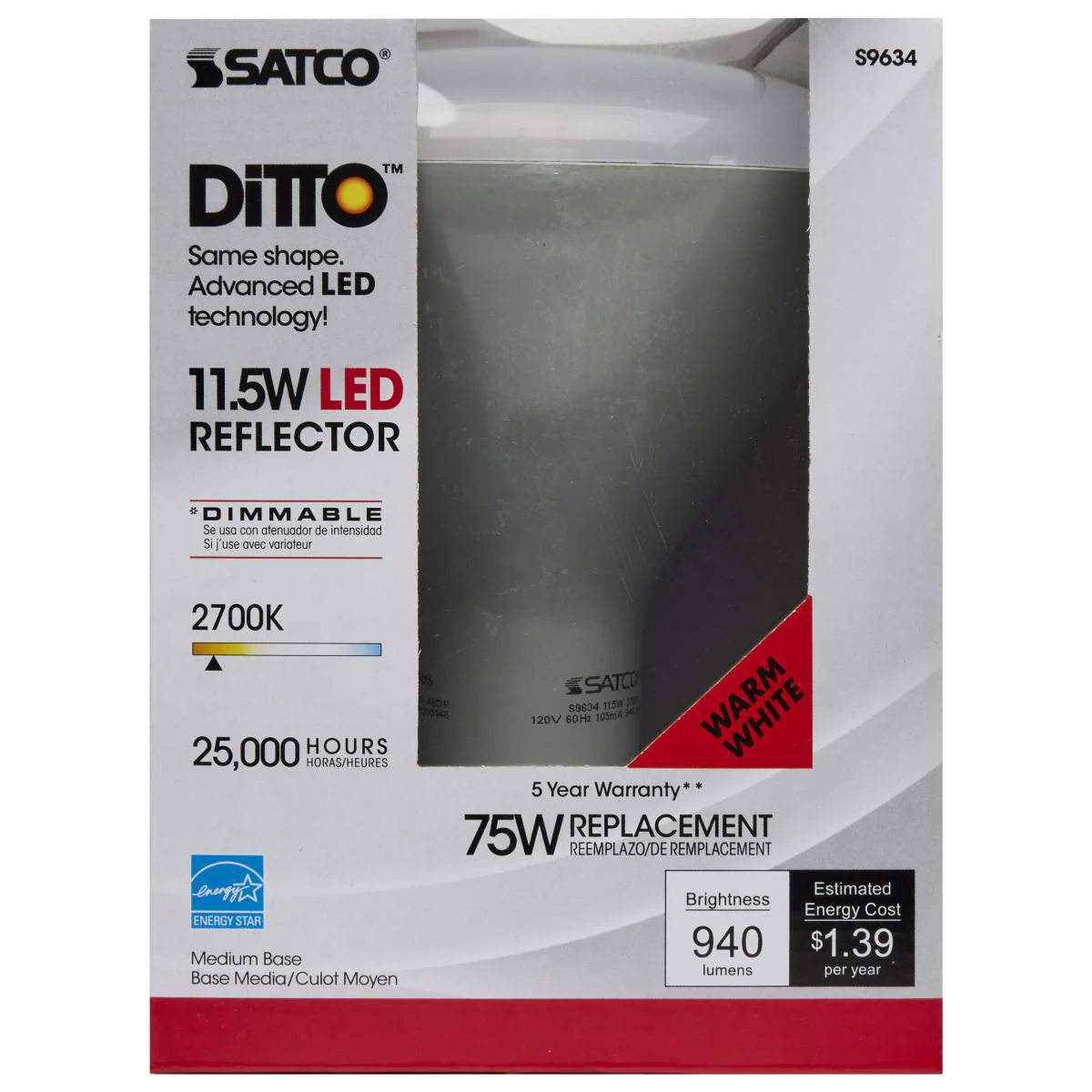Satco LED BR40 Reflector Light Bulb – 11.5W – 75W Equivalent – E26 Base – Warm White – 2700K - Image 2