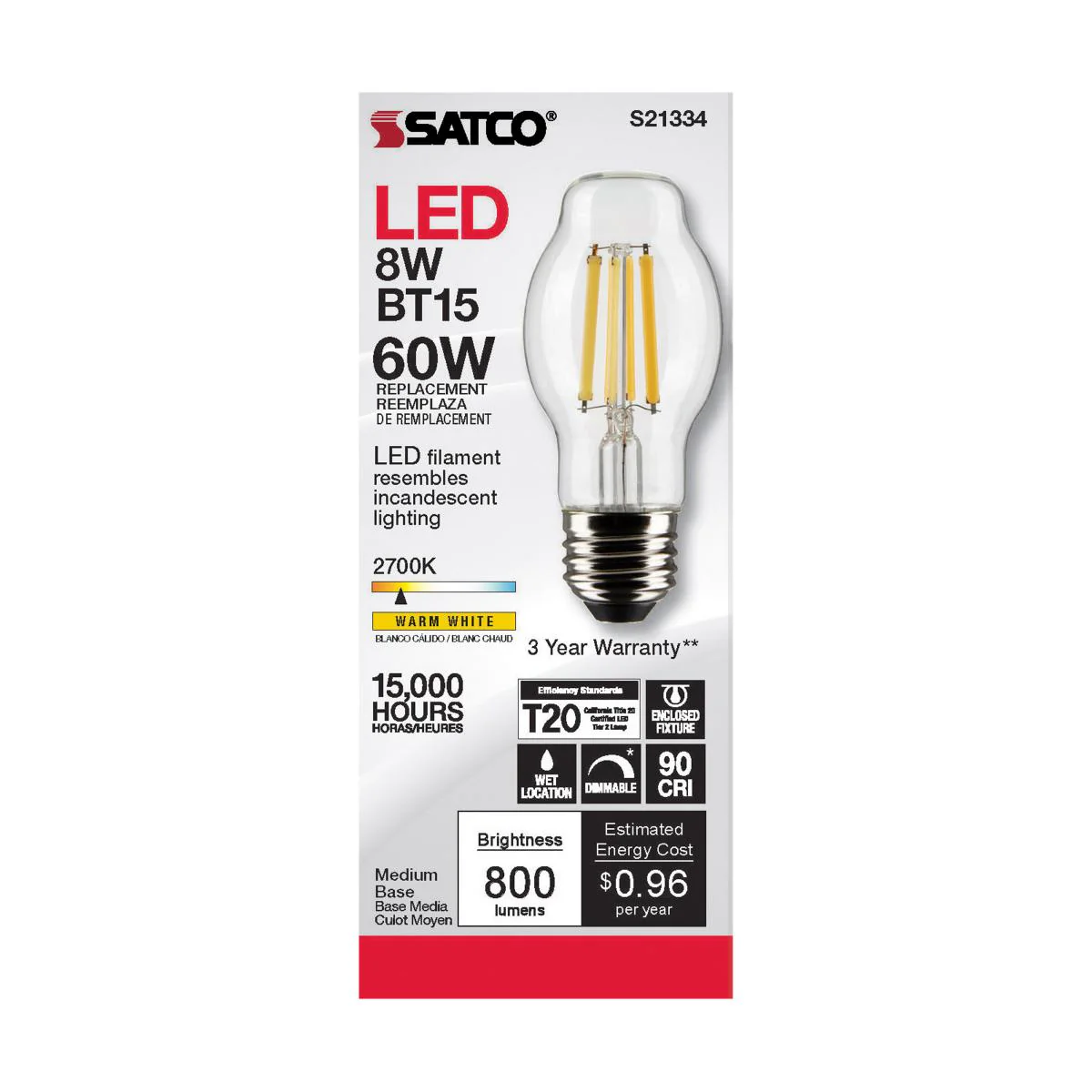 Satco LED BT15 Bulb – 8W – 60W Equivalent – E26 Base – Clear – 2700K - Image 2