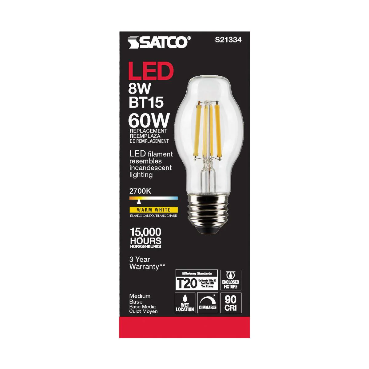 Satco LED BT15 Bulb – 8W – 60W Equivalent – E26 Base – Clear – 2700K - Image 3