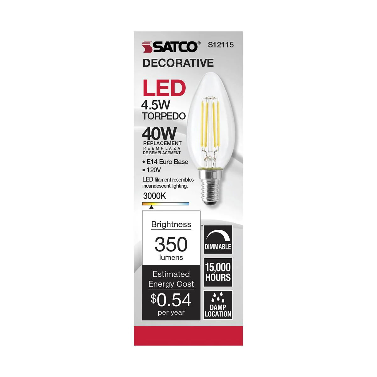 Satco LED European 40W Equivalent Torpedo Bulb – 4.5W – E14 Euro Base – Clear – 3000K - Image 2