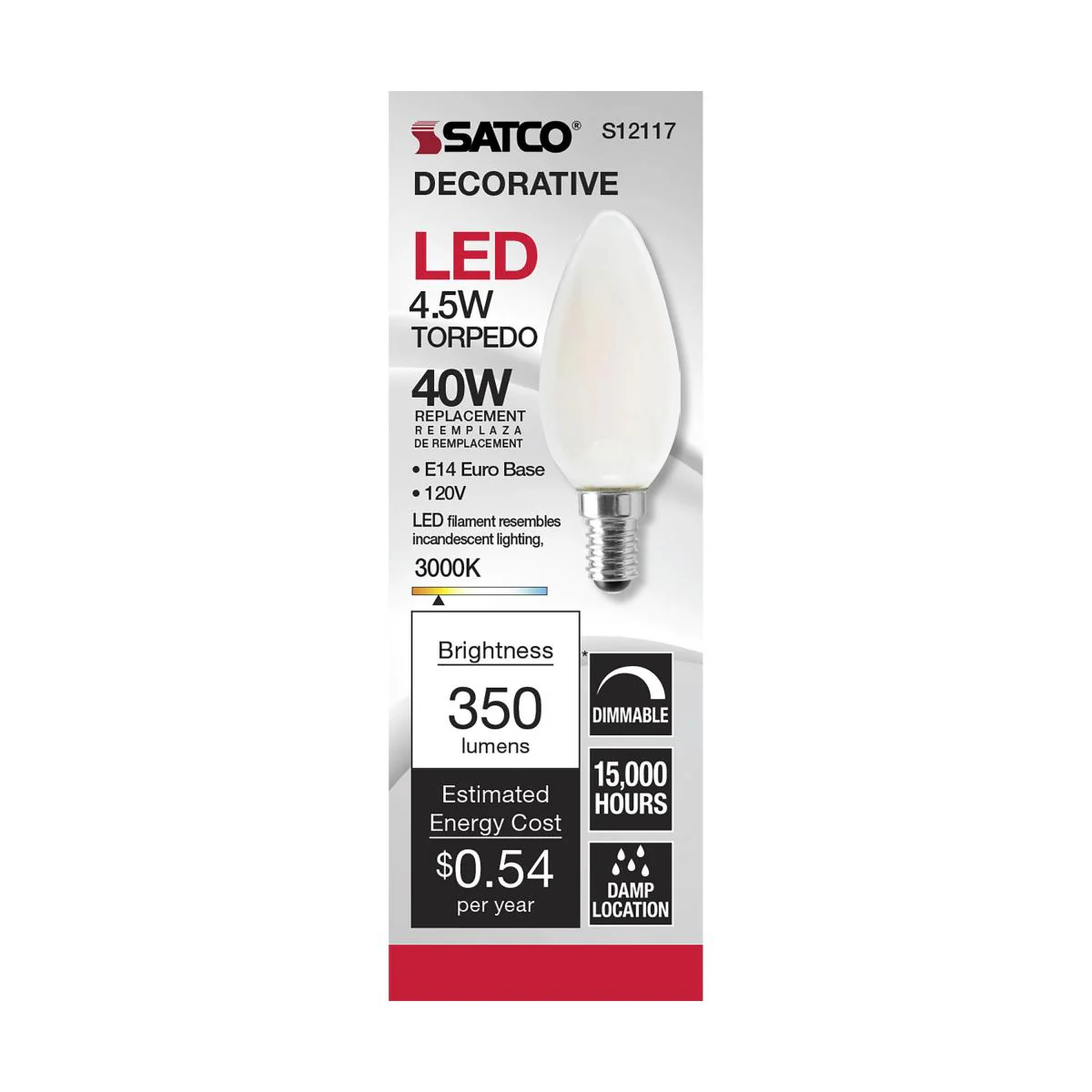 Satco LED European 40W Equivalent Torpedo Bulb – 4.5W –  E14 Euro Base – Frosted – Warm White – 3000K - Image 2