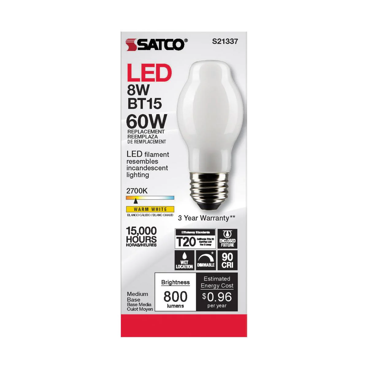 Satco LED Frosted BT15 Bulb – 8W – 60W Equivalent – E26 Base – Warm White – 2700K - Image 2