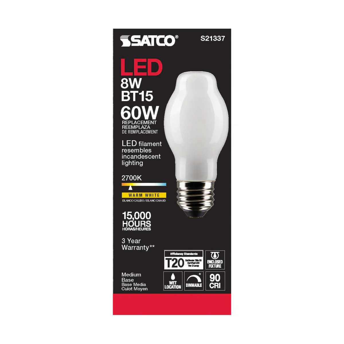 Satco LED Frosted BT15 Bulb – 8W – 60W Equivalent – E26 Base – Warm White – 2700K - Image 3