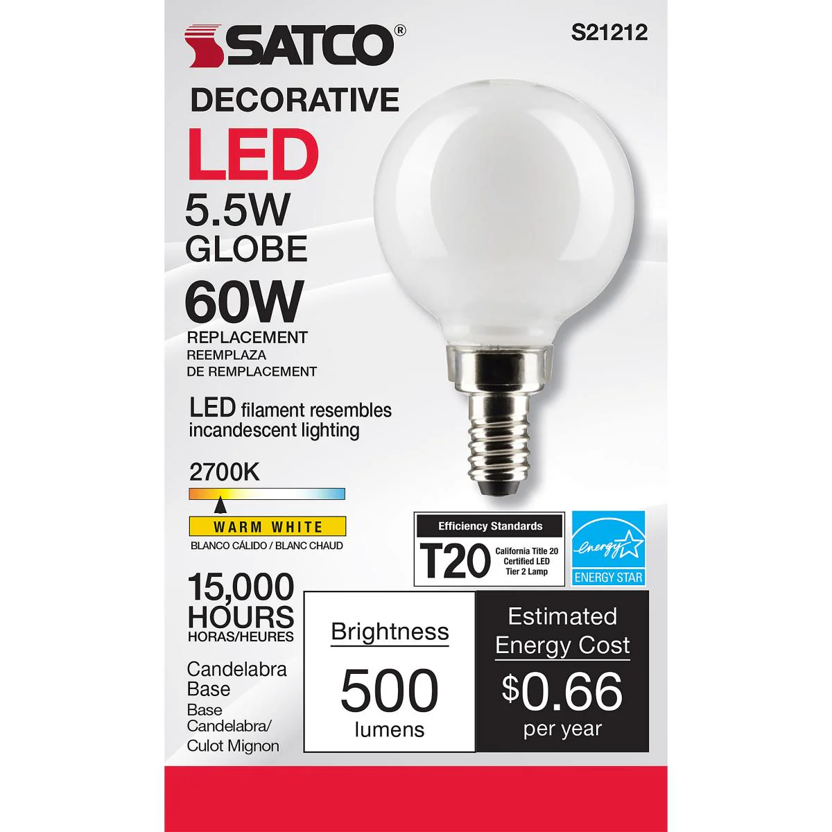 Satco LED G16.5 Globe Light Bulb β 5.5W β 60W Equivalent β E12 Base β Warm White β 2700K - Image 2
