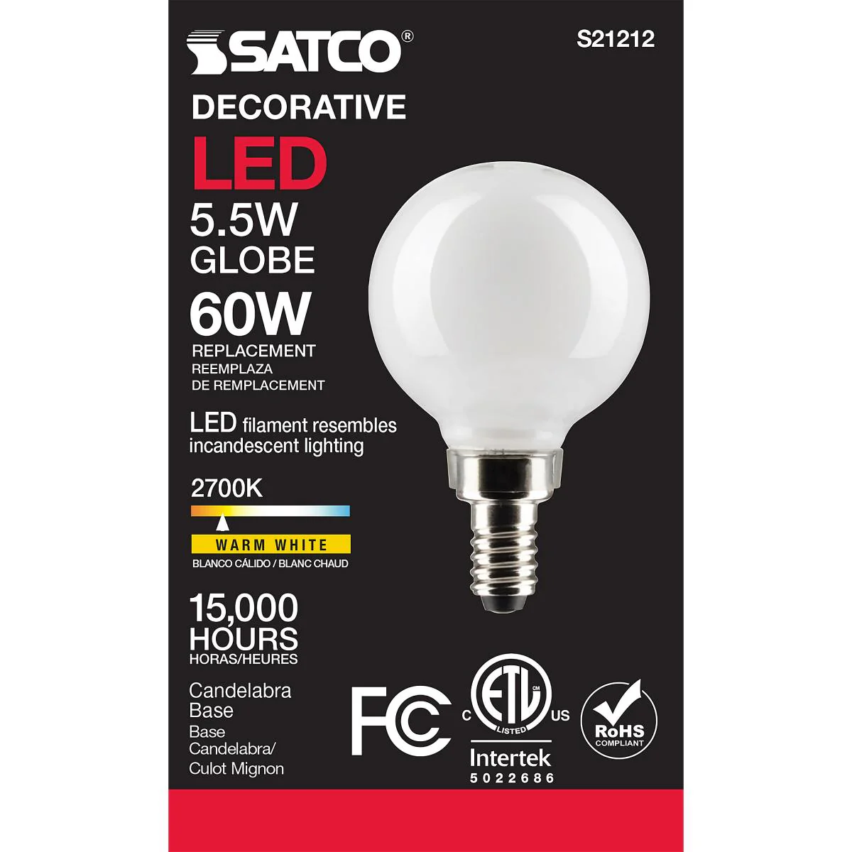 Satco LED G16.5 Globe Light Bulb β 5.5W β 60W Equivalent β E12 Base β Warm White β 2700K - Image 3
