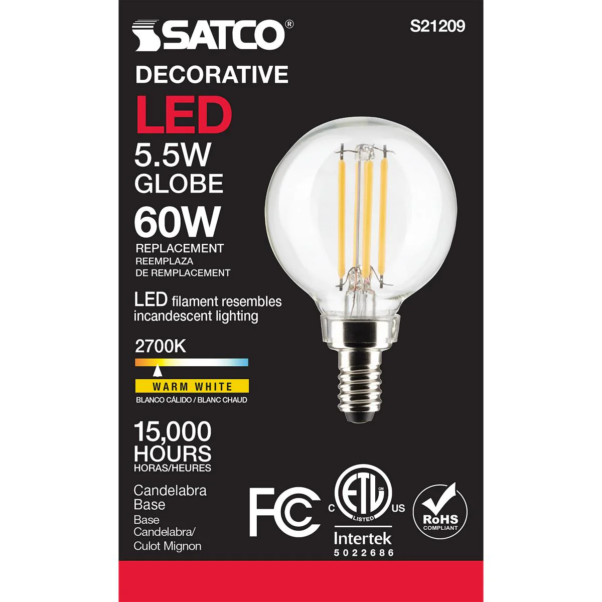 Satco LED G16.5 Globe Light Bulb – 5.5W – 60W Equivalent – E12 Base – Clear – 2700K - Image 3