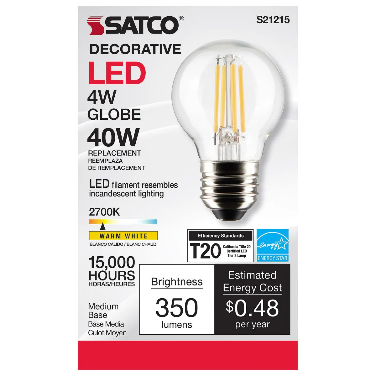 Satco LED G16.5 Globe Light Bulb Replacement – 4W – 40W Equivalent – E26 Base – Clear – 2700K - Image 2