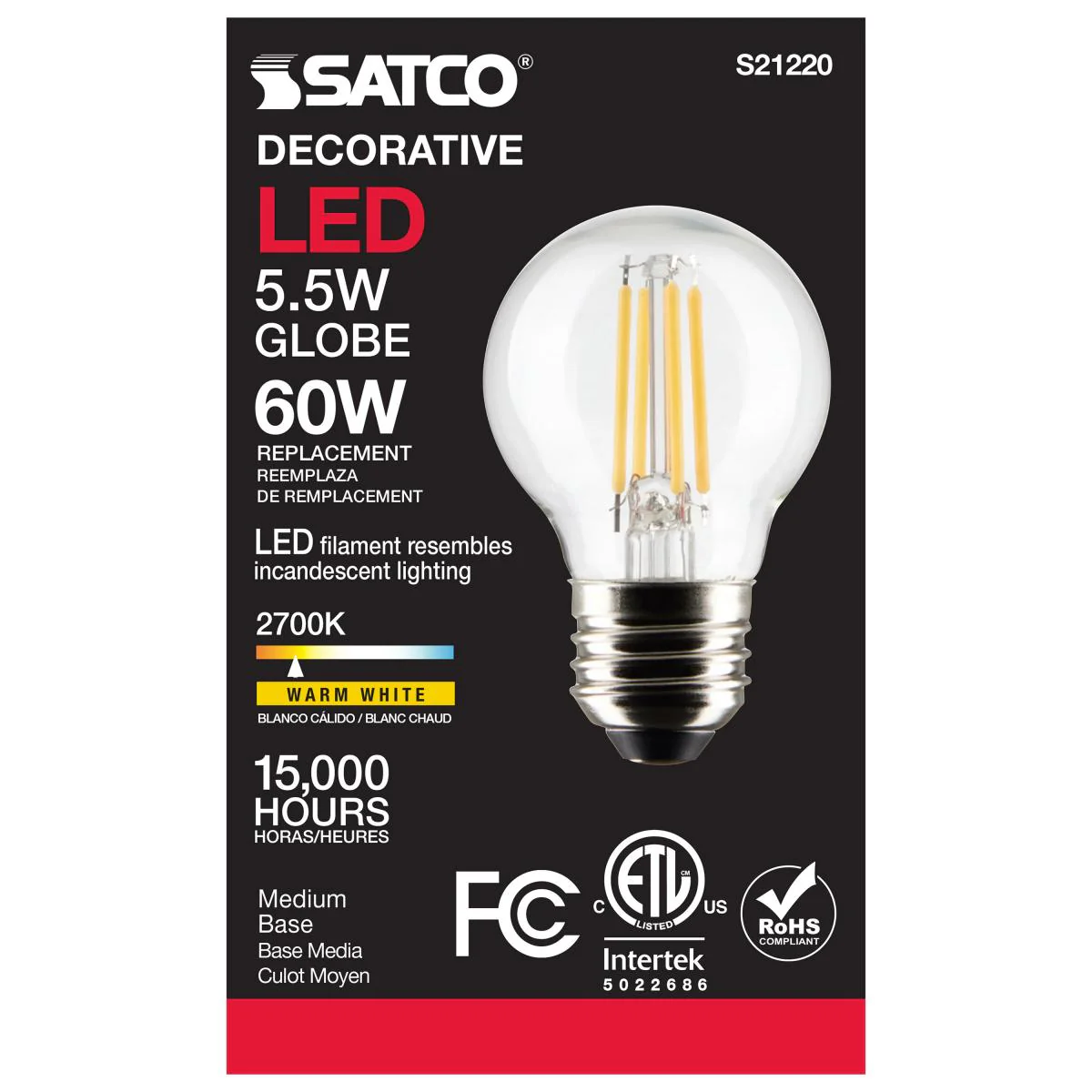 Satco LED G16.5 Globe Light Bulb Replacement – 5.5W – 60W Equivalent – E26 Base – Clear – 2700K - Image 3