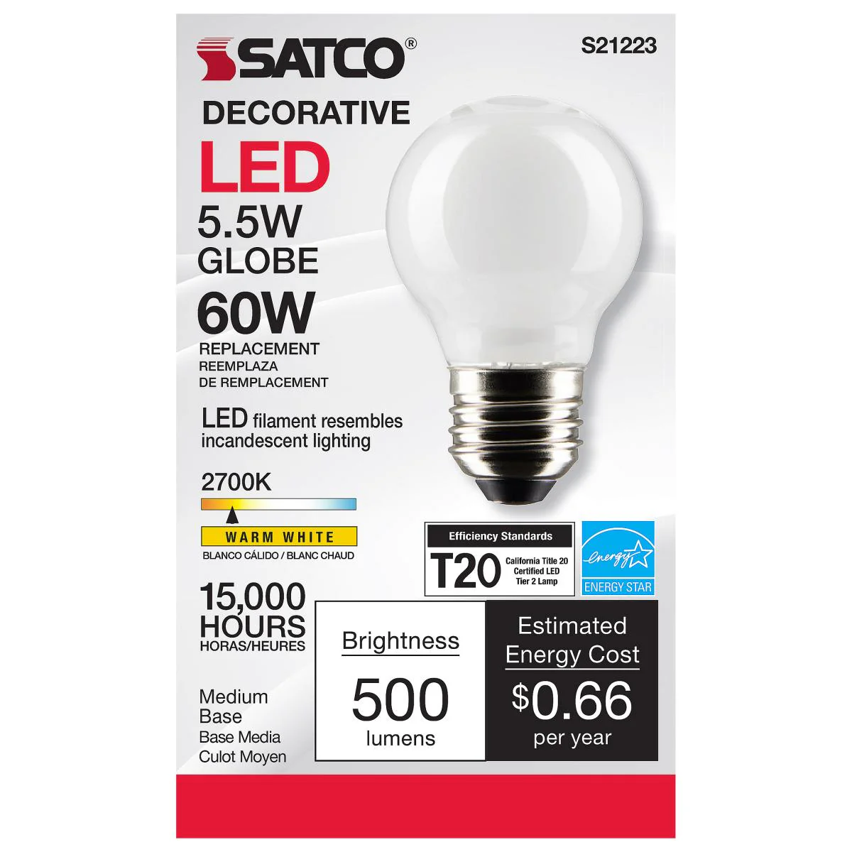 Satco LED G16.5 Globe Light Bulb Replacement – Frosted – 5.5W – 60W Equivalent – E26 Base – Warm White – 2700K - Image 2