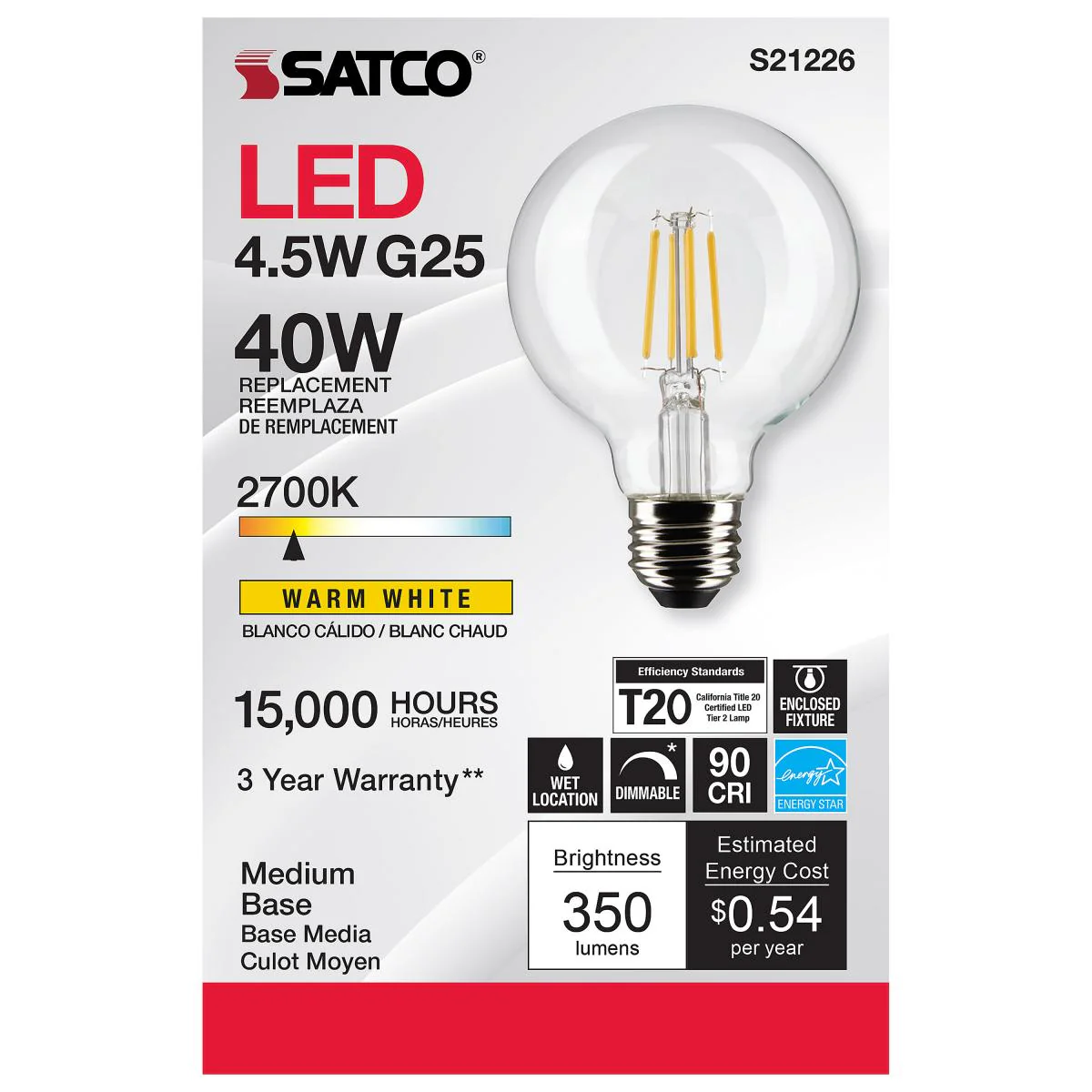 Satco LED G25 Globe Light Bulb β 4.5W β 40W Equivalent β E26 Base β Clear β 2700K - Image 2