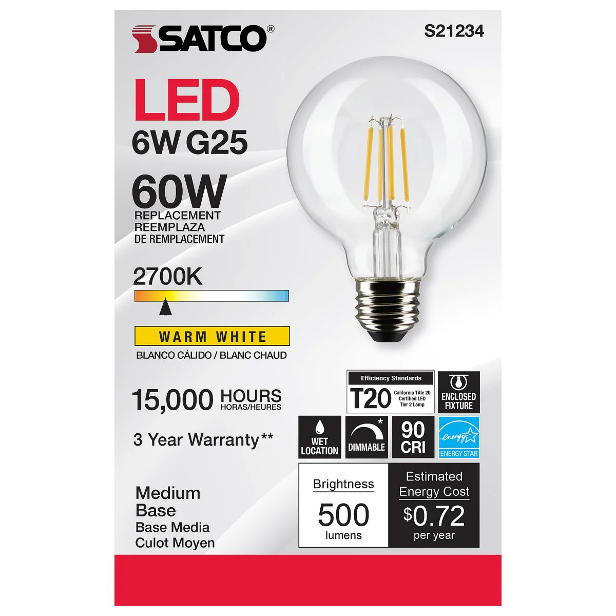 Satco LED G25 Globe Light Bulb β 6W β 60W Equivalent β E26 Base β Clear β 2700K - Image 2