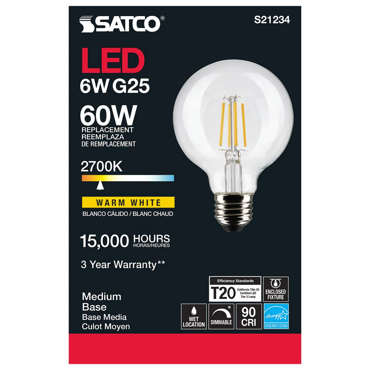 Satco LED G25 Globe Light Bulb β 6W β 60W Equivalent β E26 Base β Clear β 2700K - Image 3
