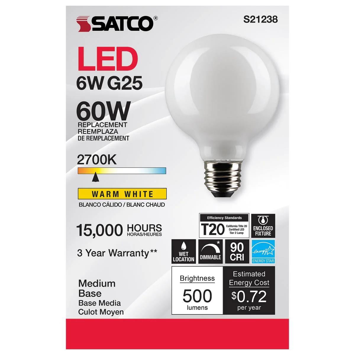 Satco LED G25 Globe Light Bulb – 6W – 60W Equivalent – E26 Base – Frosted – Warm White – 2700K - Image 2