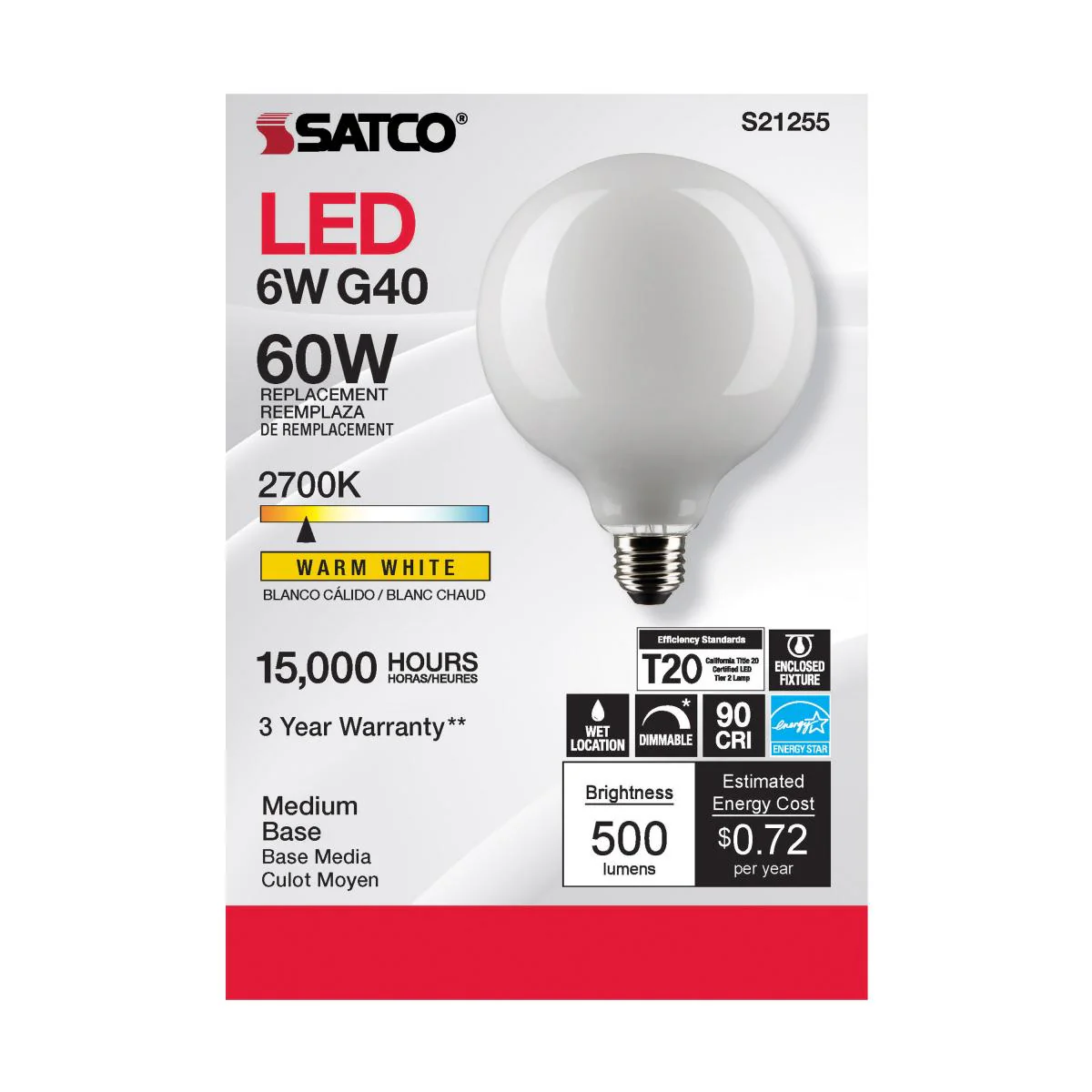 Satco LED G40 Globe Light Bulb – 6W – 60W Equivalent – Frosted – E26 Base – Warm White – 2700K - Image 2