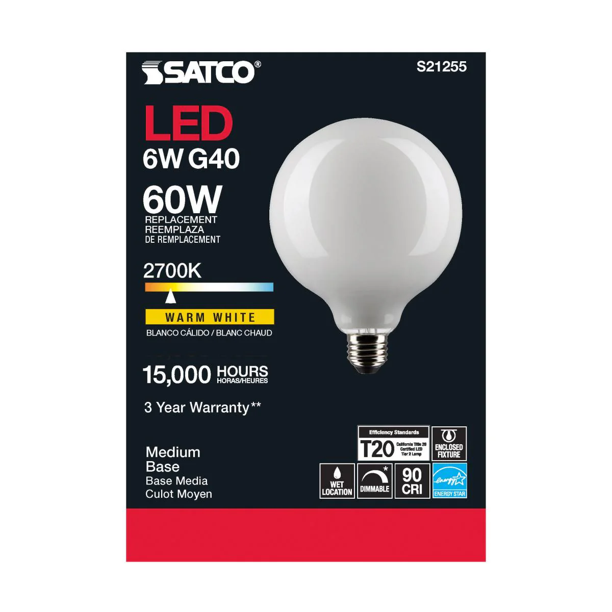 Satco LED G40 Globe Light Bulb – 6W – 60W Equivalent – Frosted – E26 Base – Warm White – 2700K - Image 3