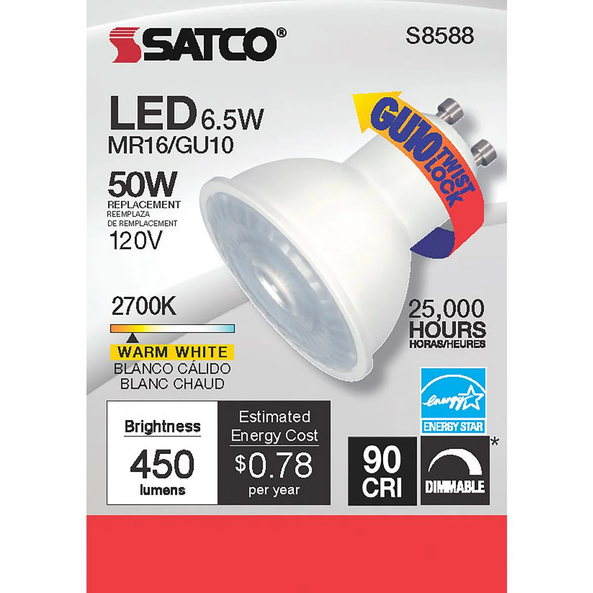 Satco LED MR16 Twist-Lock Gu10 Bulb – 6.5W – 50W Halogen Equivalent – GU10 Base – Warm White – 2700K - Image 2