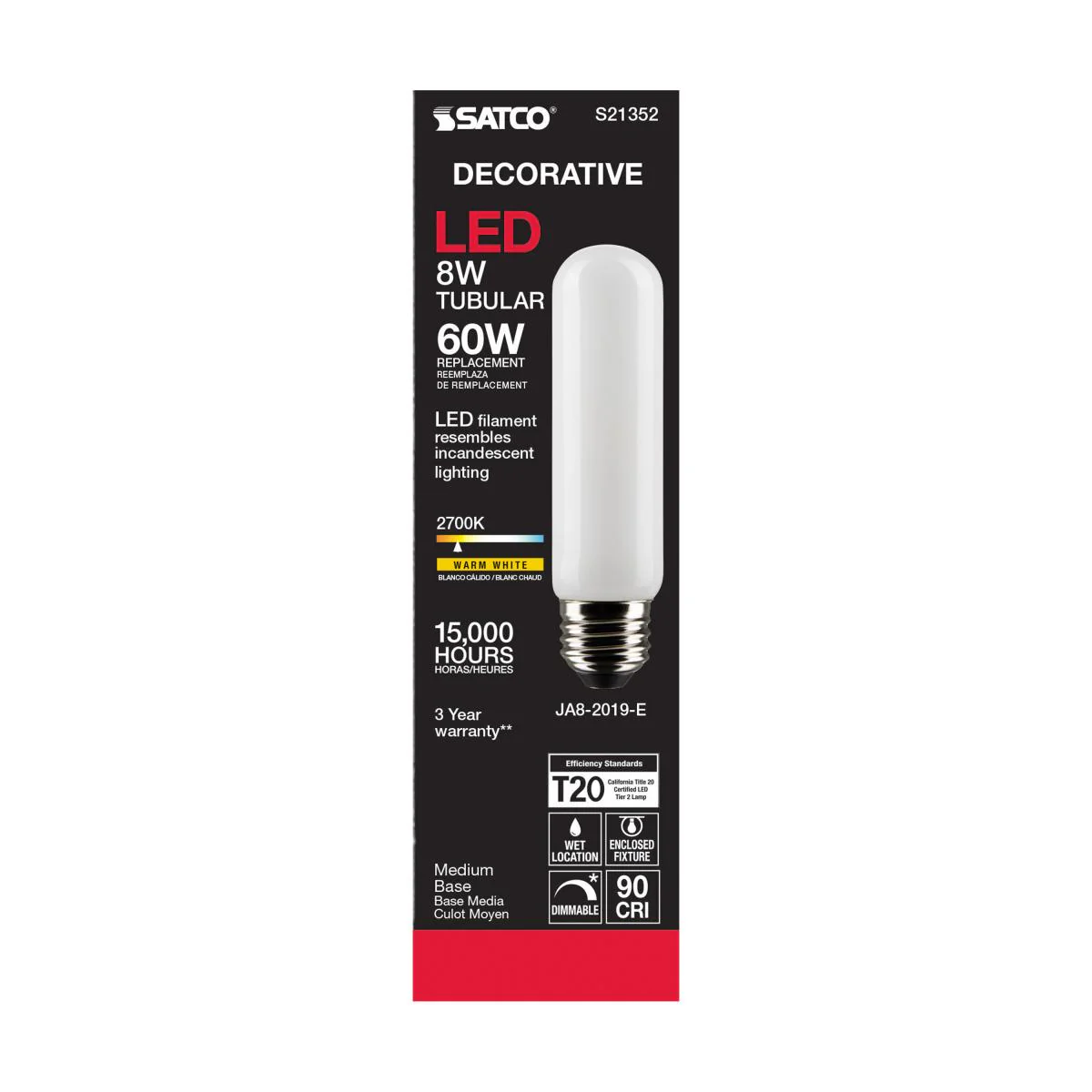 Satco LED T10 Tubular Light Bulb β 8W β 60W Equivalent β E26 Base β Warm White β 2700K - Image 3