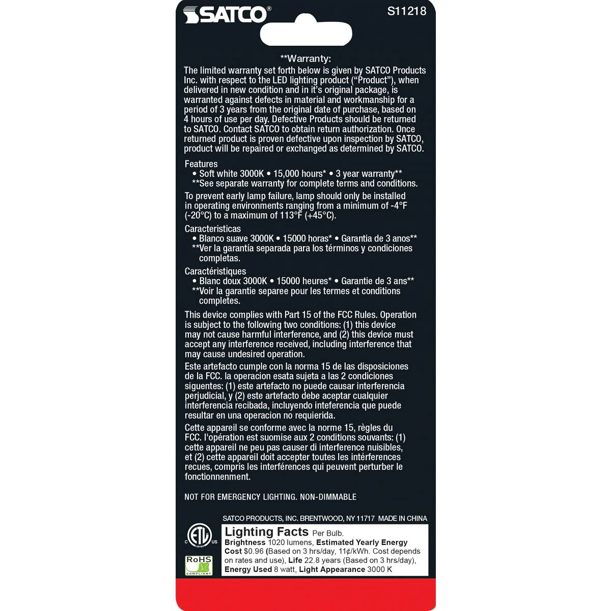 Satco LED T10 Frosted Tubular Light Bulb – 8W – 75W Equivalent – E26 Base – Warm White – 3000K - Image 3