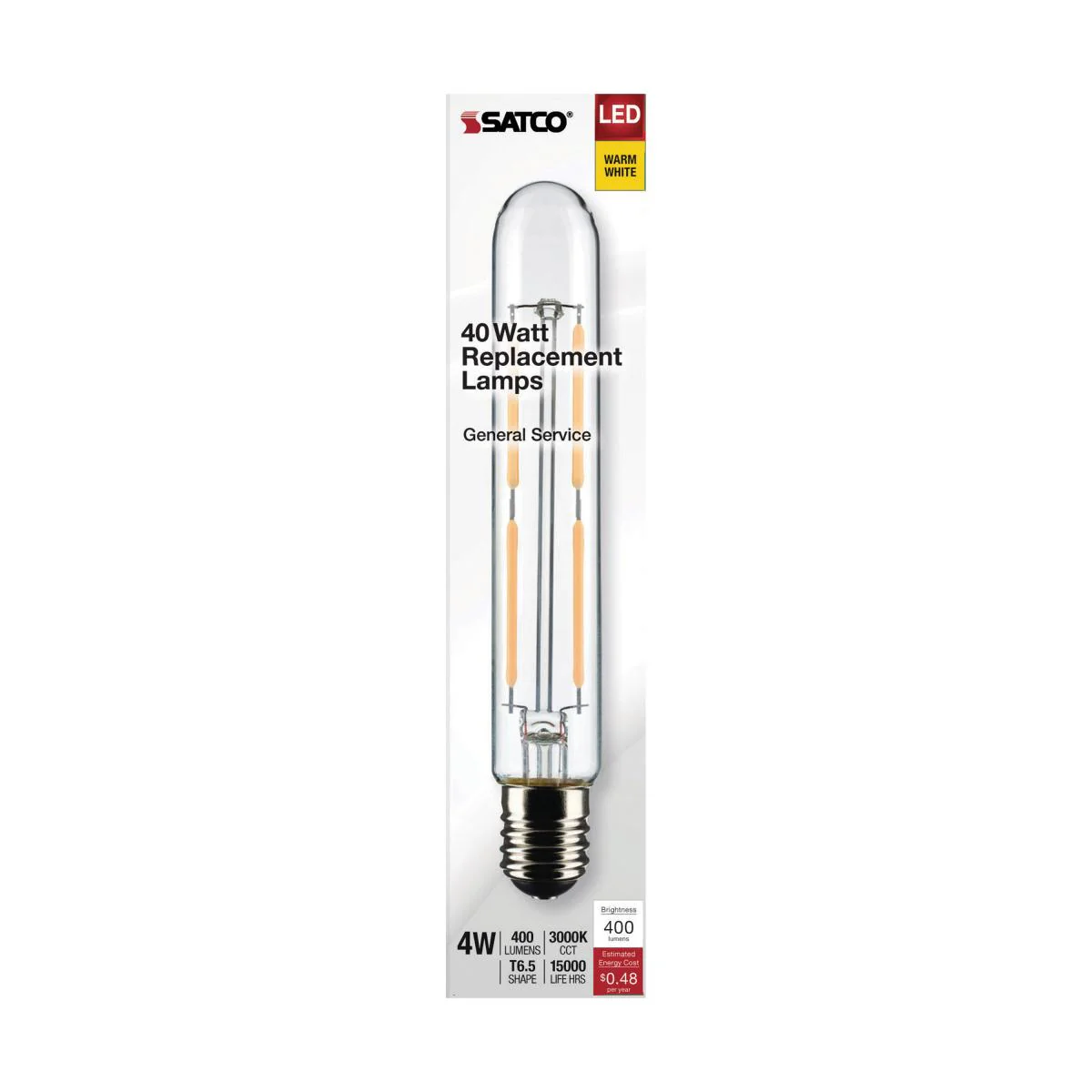 Satco LED T6.5 Tubular Light Bulb – 4W – 40W Equivalent – E17 Base – Clear – 3000K - Image 2